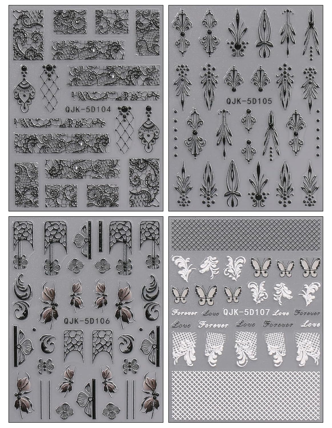 JMEOWIO 3D Embossed Black White Flower Nail Art Stickers Decals Self-Adhesive Pegatinas Uñas 5D Leaves Lace Nail Supplies Nail Art Design Decoration Accessories 4 Sheets