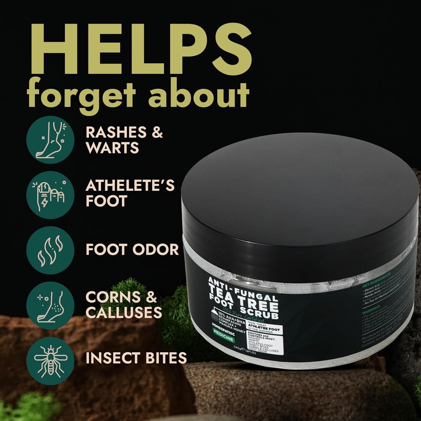Foot Scrub with Tea Tree Oil | Callus Remover For Feet | Exfoliating Scrub with Salicylic and Glycolic Acid for Dead Skin, Athlete’s Foot, Warts, Corns, Rashes, Foot Odor, Insect Bites and Foot Care