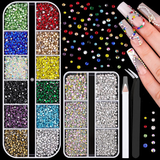 5400Pcs Glass Crystal Small Rhinestones for Nail Art, Tiny AB Clear Colorful Rhinestone Flatback
