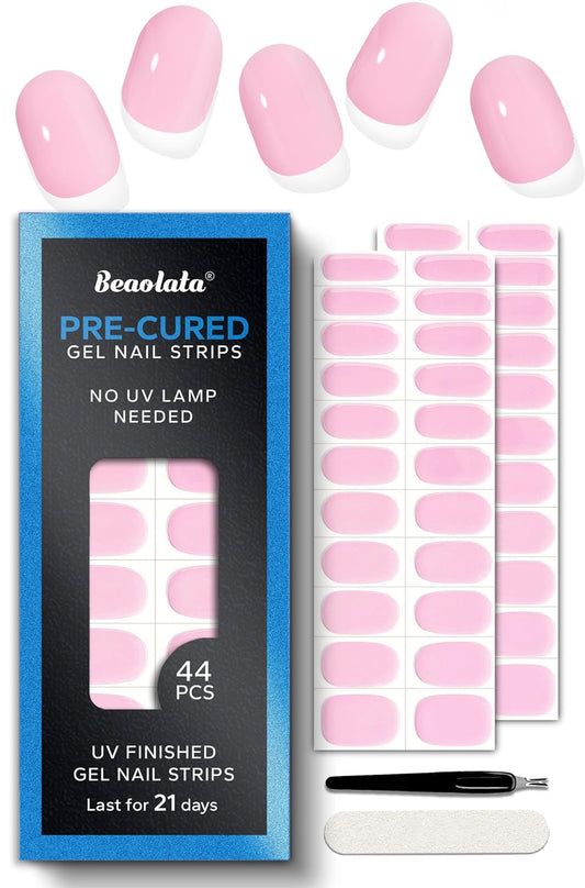 Pre Cured Gel Nail Strips - 44PCS Salon Quality Gel Nail Stickers - Long Lasting Polish Wraps for