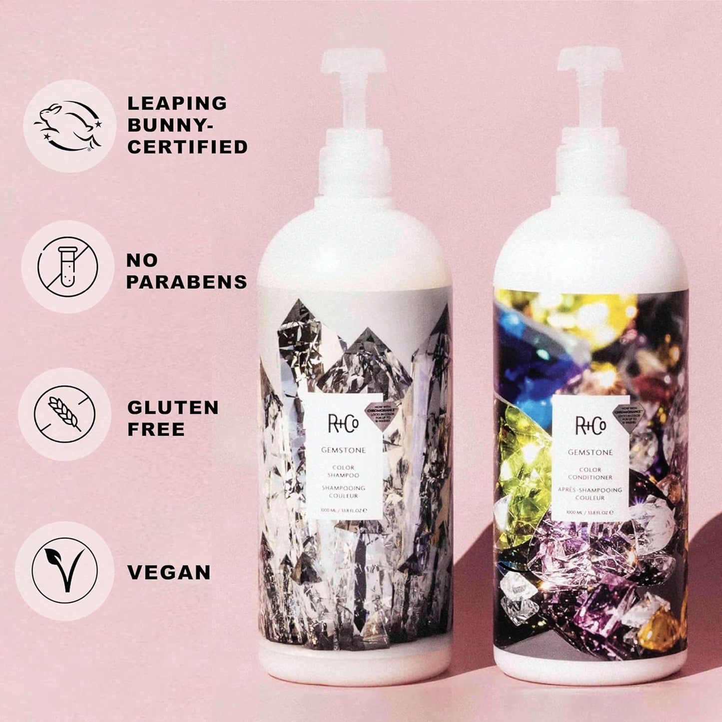 R+Co Gemstone Color Hair Shampoo and Conditioner Set for Color Treated Hair | Body + Shine + Smoothing for All Hair Types | Vegan + Cruelty-Free | 1 Liter, Pack of 2