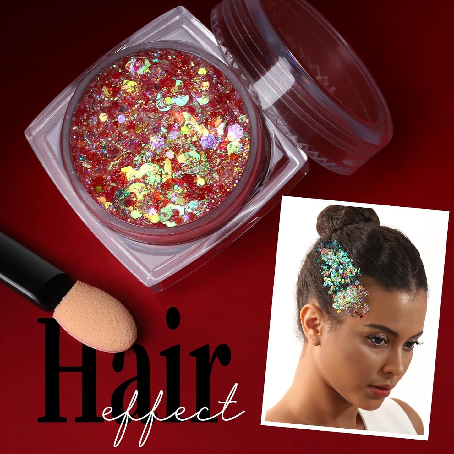 Teenitor Face Glitter, Red Body Glitter Gel, Hair Glitter, 6 Shapes Festival Rave Body Makeup Glitters Gel, Chunky Sparkling Glitter for Face, Body and Hair