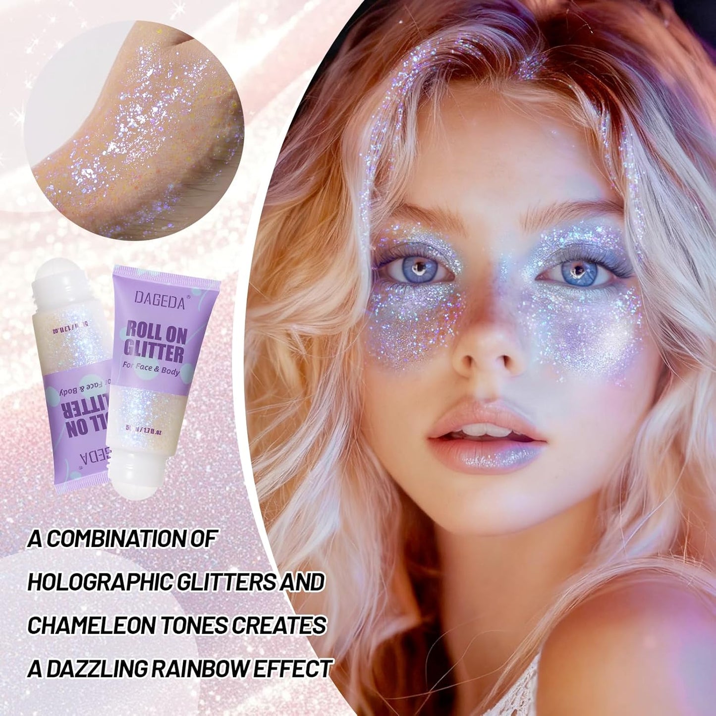 DAGEDA Roll-on Body Glitter,Holographic Eye Face Hair Glitter Gel for Festival Outfit Mermaid Accessories,Chameleon Color Body Shimmer Makeup Rave Outfits Accessories for Women 50ml(Fantasy)