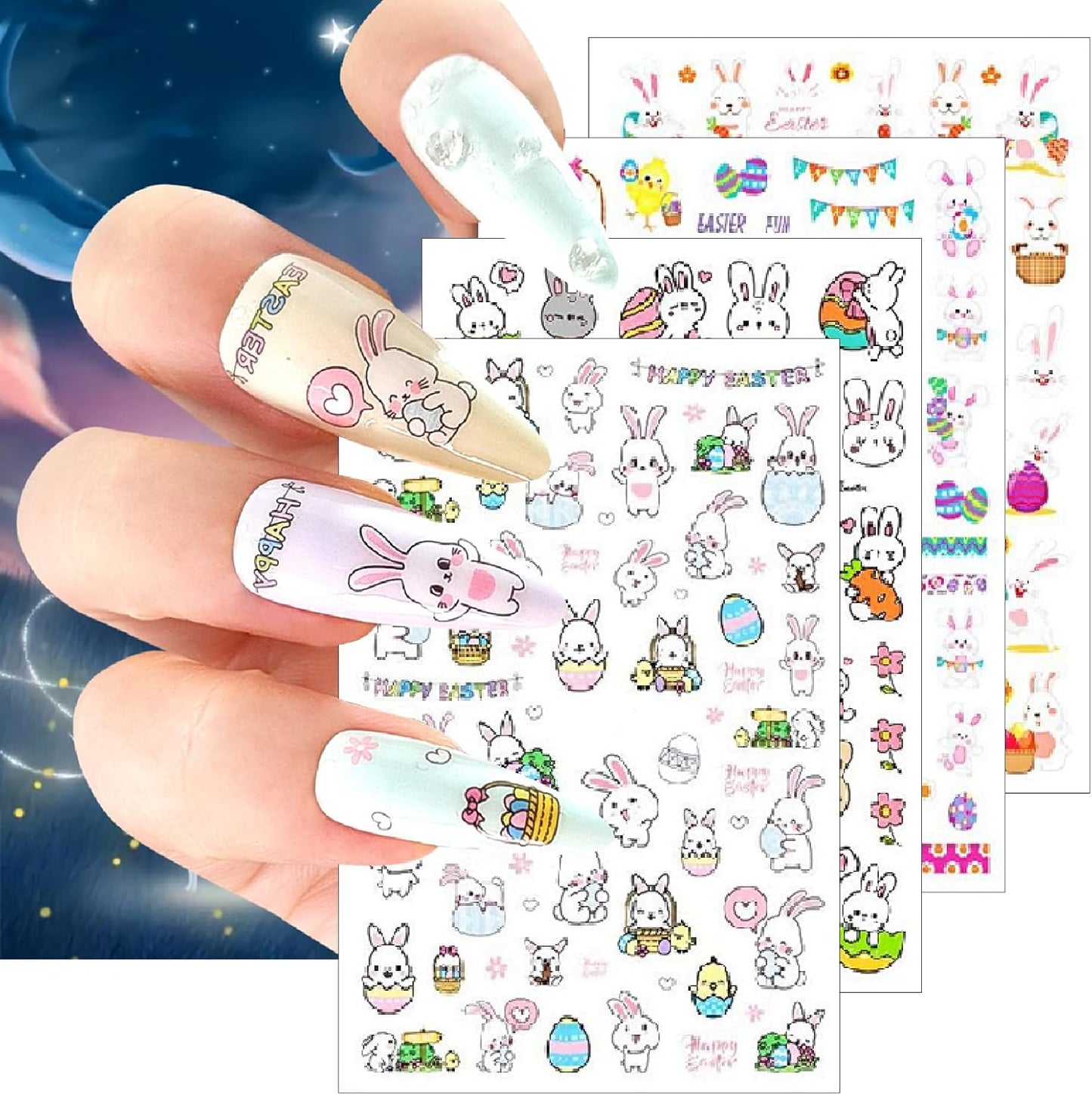 12 Sheets Easter Nail Art Stickers 3D Self-Adhesive Cute Bunny Nail Stickers Colorful Rabbit Eggs Carrot Design Carrot Nail Decals Easter Nail Supplies for Women Girls DIY Nail Art Decorations