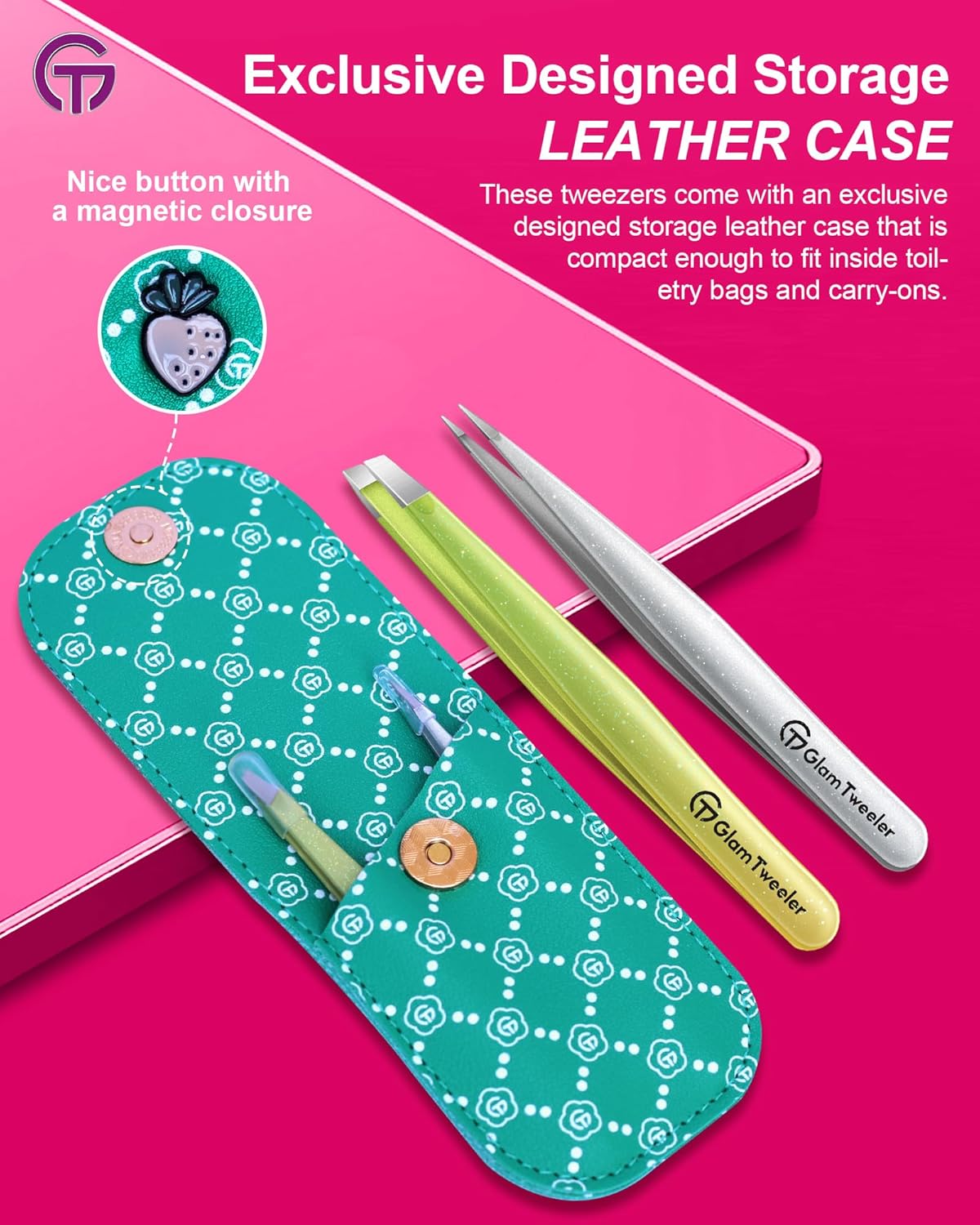 Expert Slant and Point Tip Tweezer Set with Exclusive Storage & Carrying Case, GlamTweeler Sharp & Precision Tweezer Set for Eyebrows, Facial Hairs & Fine Hairs Removal (Sparkle Apple Green + Silver)