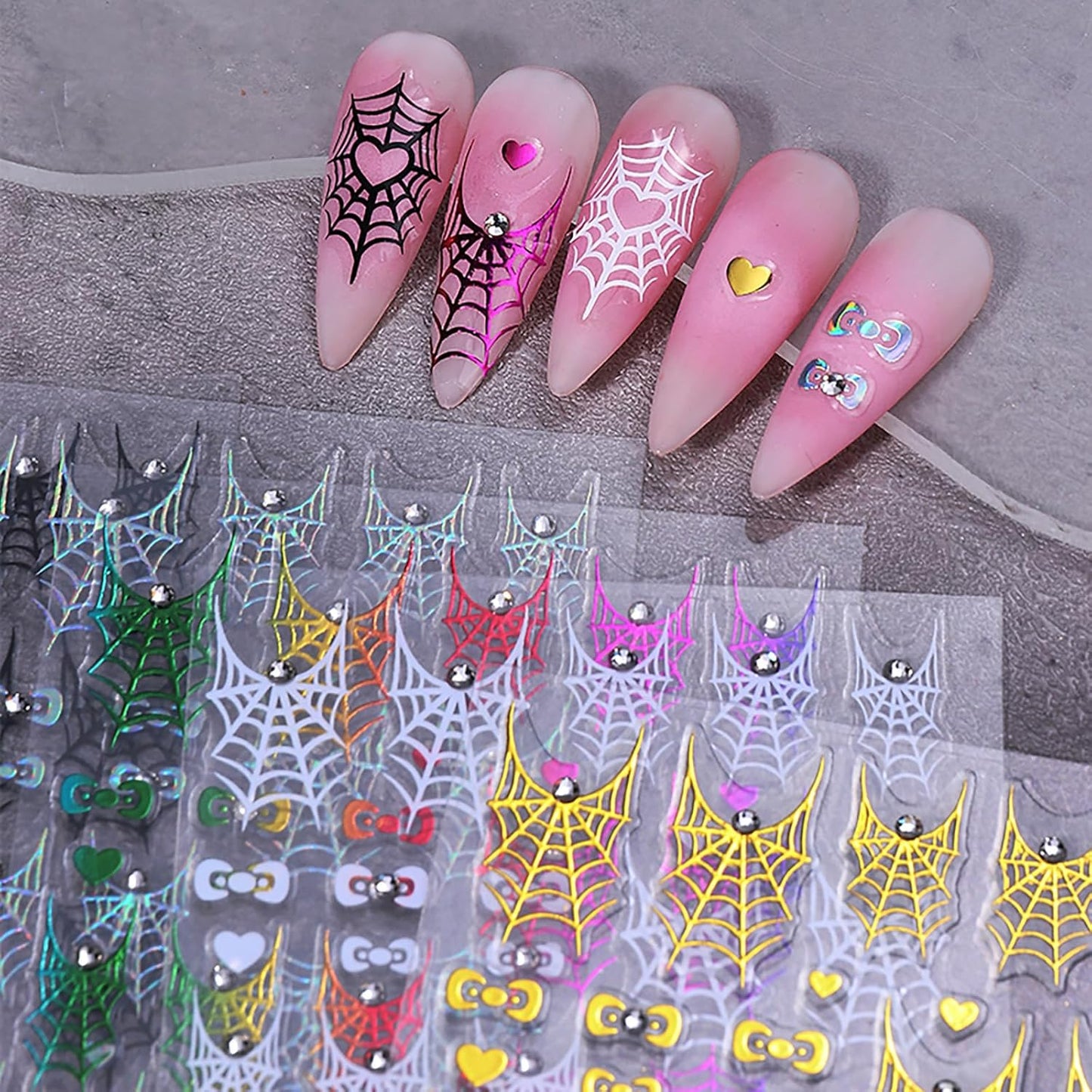 Halloween Nail Art Stickers Decals Metal Spider Web Nail Decals Rhinestone Design 4PCS 3D Self-Adhesive White Laser Black Gold Spiderweb Nail Slider Sticker Holiday DIY Manicure Supplies for Women