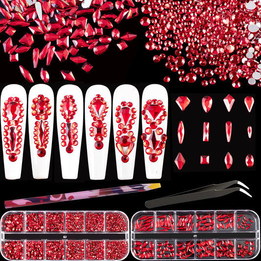 Multi Shapes Red 3D Glass Crystal Nail Art Rhinestones Kit with Flatback Round Bead Charm Gem Stone