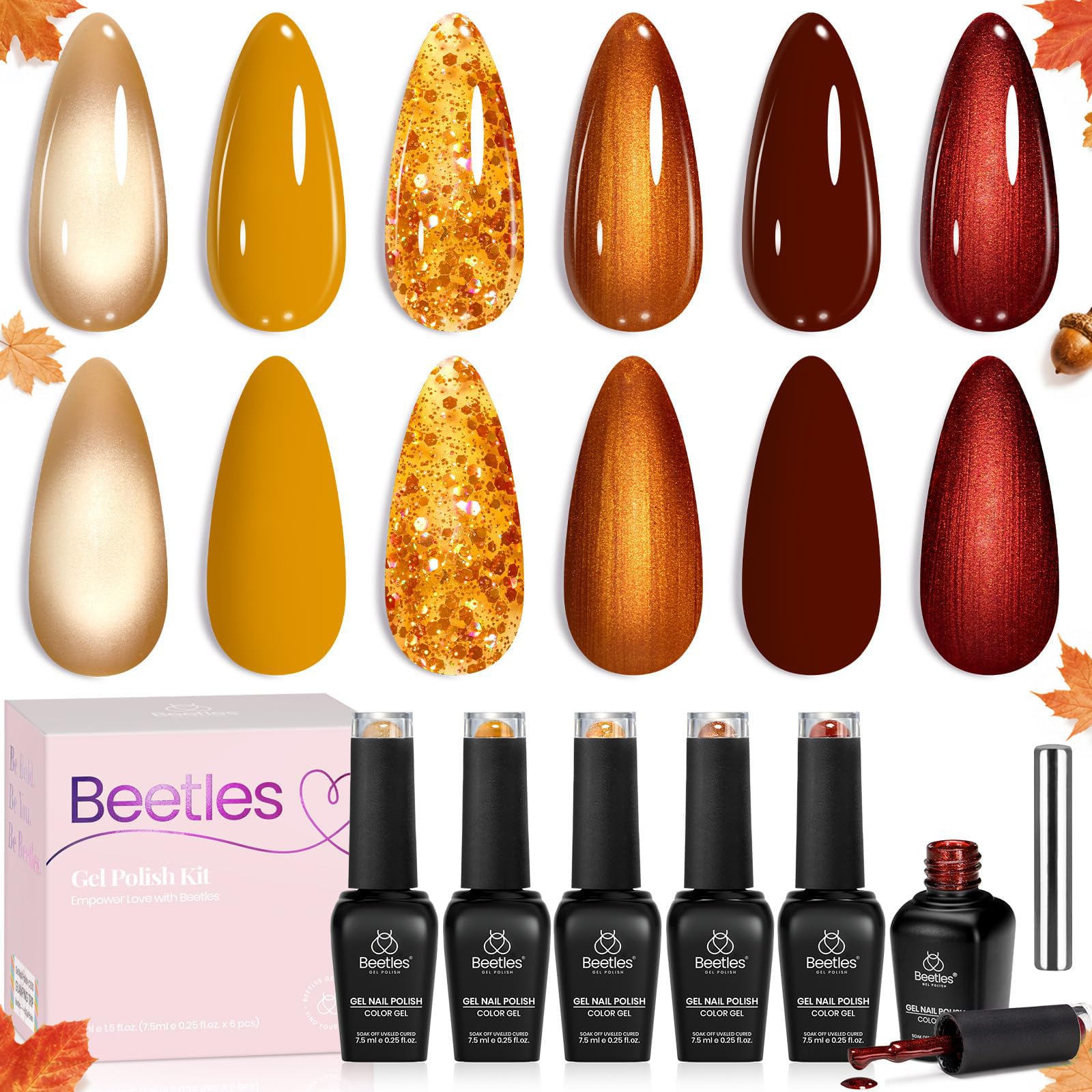Beetles Fall Gel Nail Polish Set, 6 Colors Brown Burgundy Red Gold