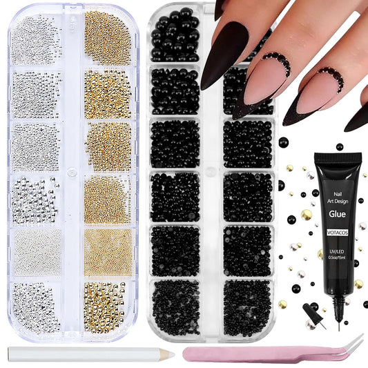 Nail Art Pearls with Rhinestones Glue Gel Flatback Pearls Nail Charms Luxurious Nails Supplies
