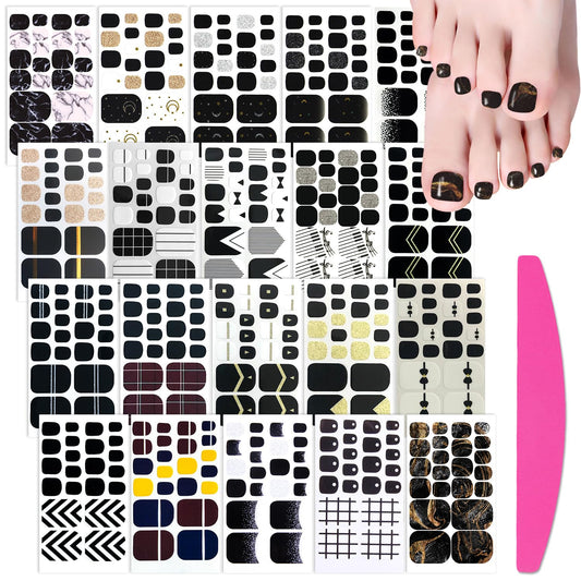 SILPECWEE 20 Sheets Black Toe Nail Stickers Full Nail Wraps for Toes Toenail Polish Strips Gel Nail