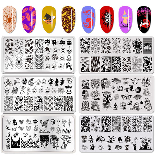 6 Pcs Halloween Nail Stamping Plate Skull Bat Witch Spider Web Halloween Nail Stamper Kit Pumpkin