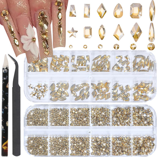 Nail Rhinestones - 3D Multi Shape Size, Flat Back, Manicure Rhinestones Charms, Champagne Gold