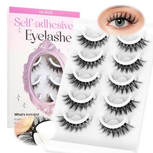 CALAILIS Self Adhesive Eyelashes 5 Pairs Natural Look Press On Lashes No Glue Need Eyelashes Reusable Cat Eye Wispy Self-adhesive False Lashes with Replacement Adhesive Strips (C105)