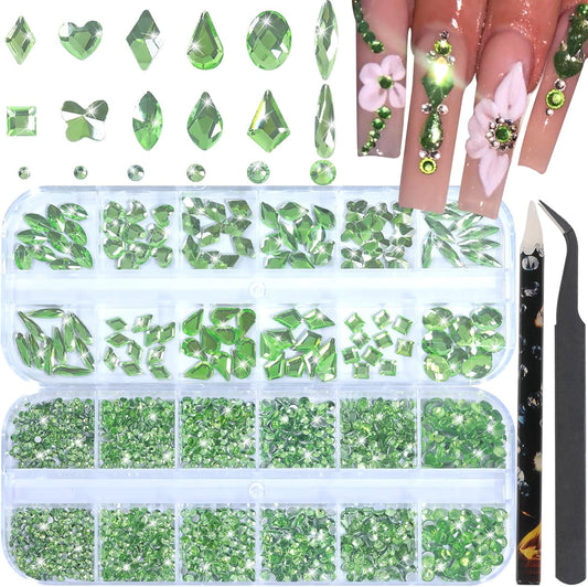 Nail Rhinestones - 3D Multi Shape Size, Flat Back, Manicure Rhinestones Charms, Crystal Light Green