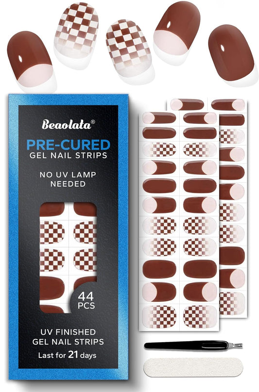 Pre Cured Gel Nail Strips - 44PCS Salon Quality Gel Nail Stickers - Long Lasting Polish Wraps for