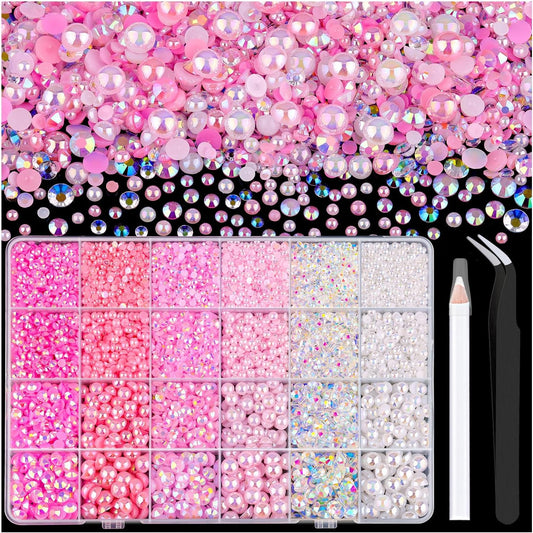 9000PCS Flatback Pearls and Rhinestones for Bedazzling, Pink White Mixed Size 3-8mm Resin