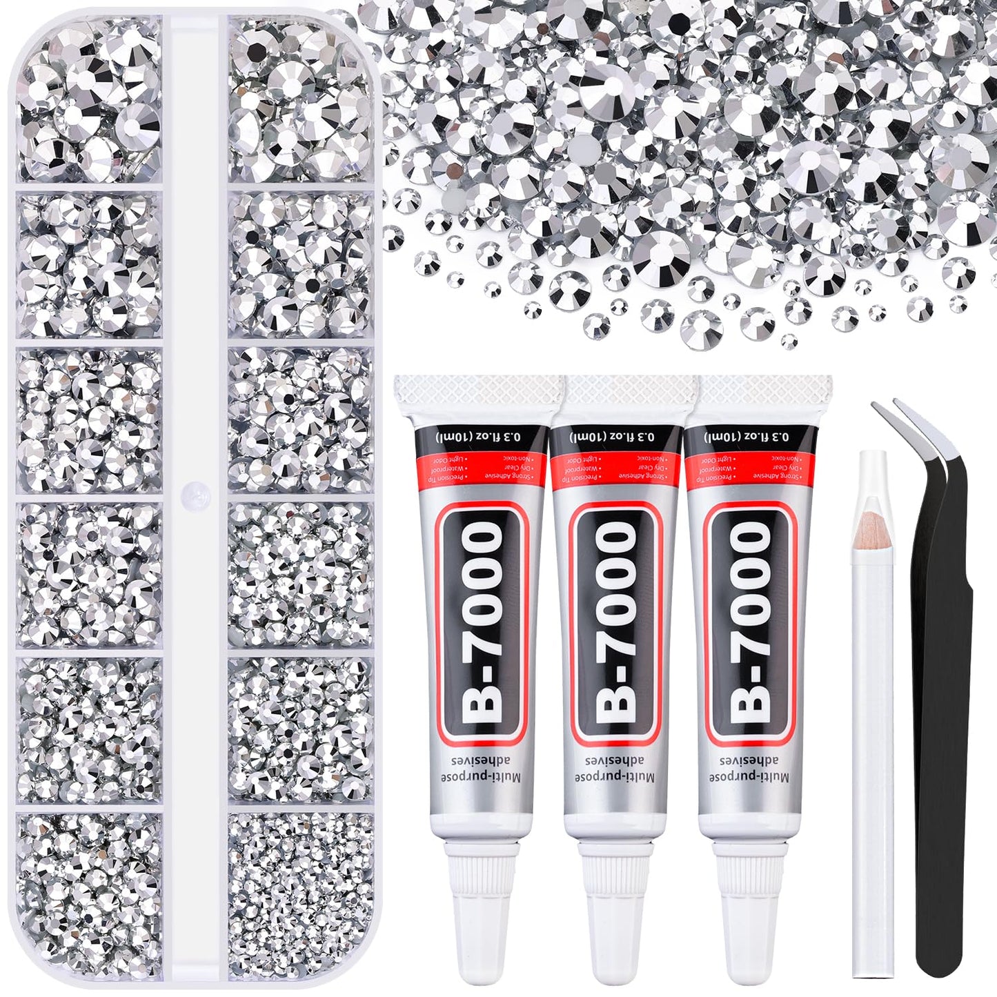 6000Pcs Resin Rhinestones for Bedazzling with 3Pcs B7000 Jewelry Glue, 1 Box Silver Flatback Rhinestones for Crafting Crafts DIY, Crystals Gems for Clothing Shoes Tumblers Nail Art Makeup