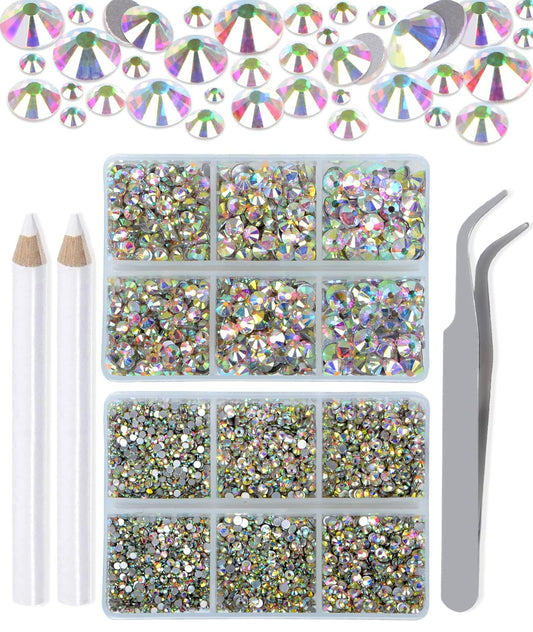 LPBeads 6000 Pieces Clear AB Non Hotfix Rhinestones 6 Sizes Round Crystal Glass Flat Back