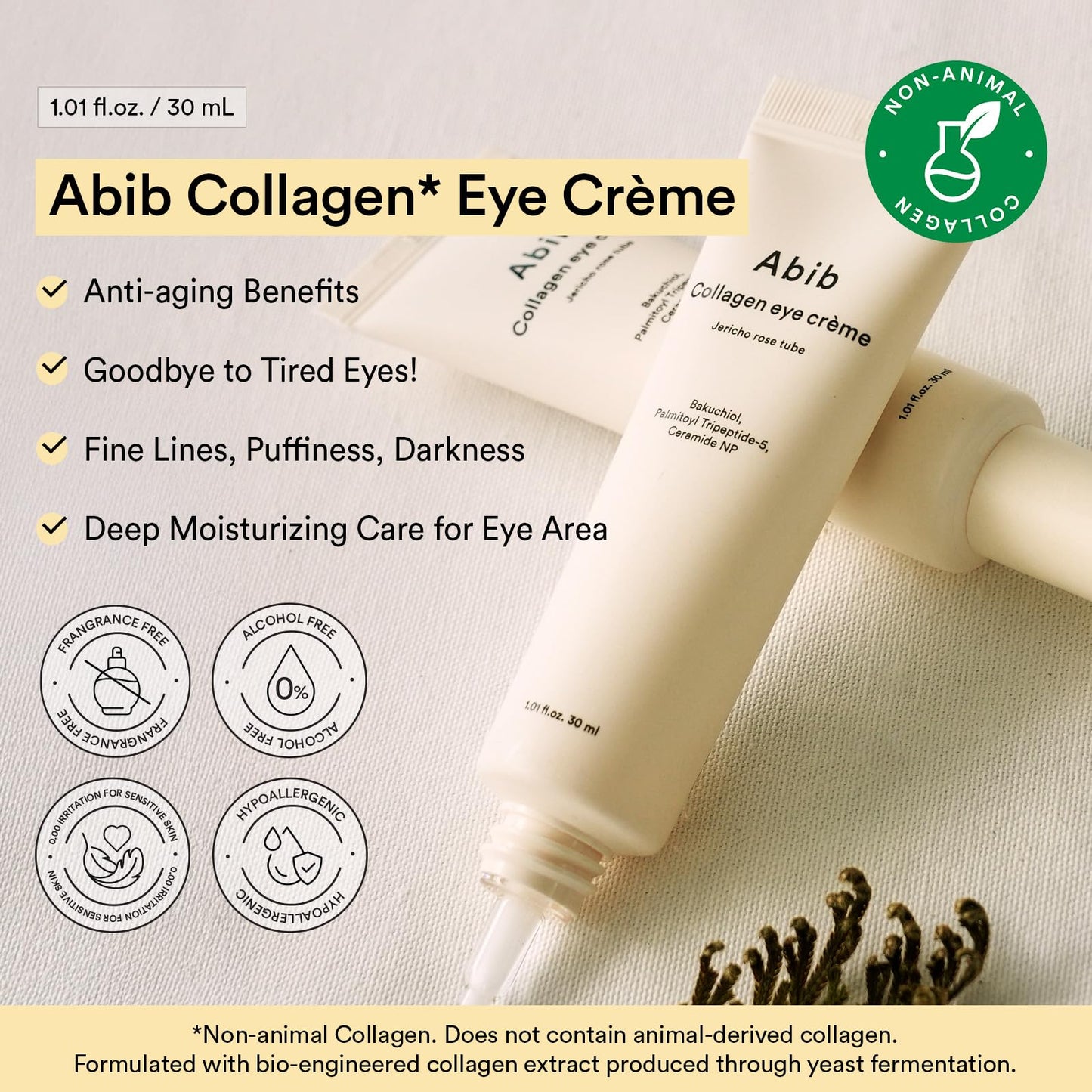 Abib Non-animal Collagen Eye Cream Jericho Rose Tube, 1.01 fl. oz.(30 mL), Anti-Aging Eye Cream