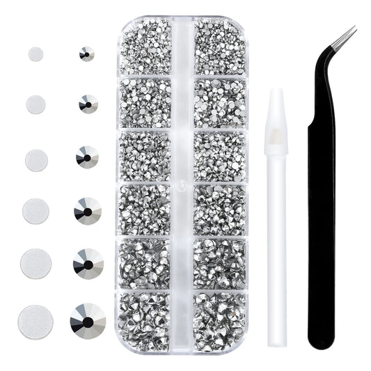 4240Pcs Silver Flatback Rhinestones 6 Sizes Crystal Diamonds for Nail Art Crafts Clothes Shoes with