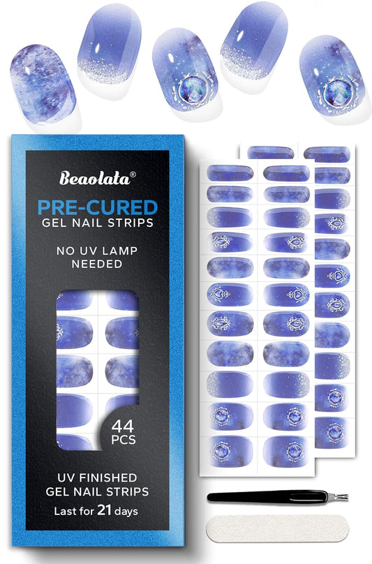 Pre Cured Gel Nail Strips - 44PCS Salon Quality Gel Nail Stickers - Long Lasting Polish Wraps for