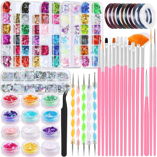 Nail Art Kit for Beginners with Nail Brushes Set and Dotting Tools, Jumbo Holographic Glitter Sequins Assorted Heart Star Maple Leaf Glitter Flakes Colorful Striping Tape with Tweezers (02-Pink)