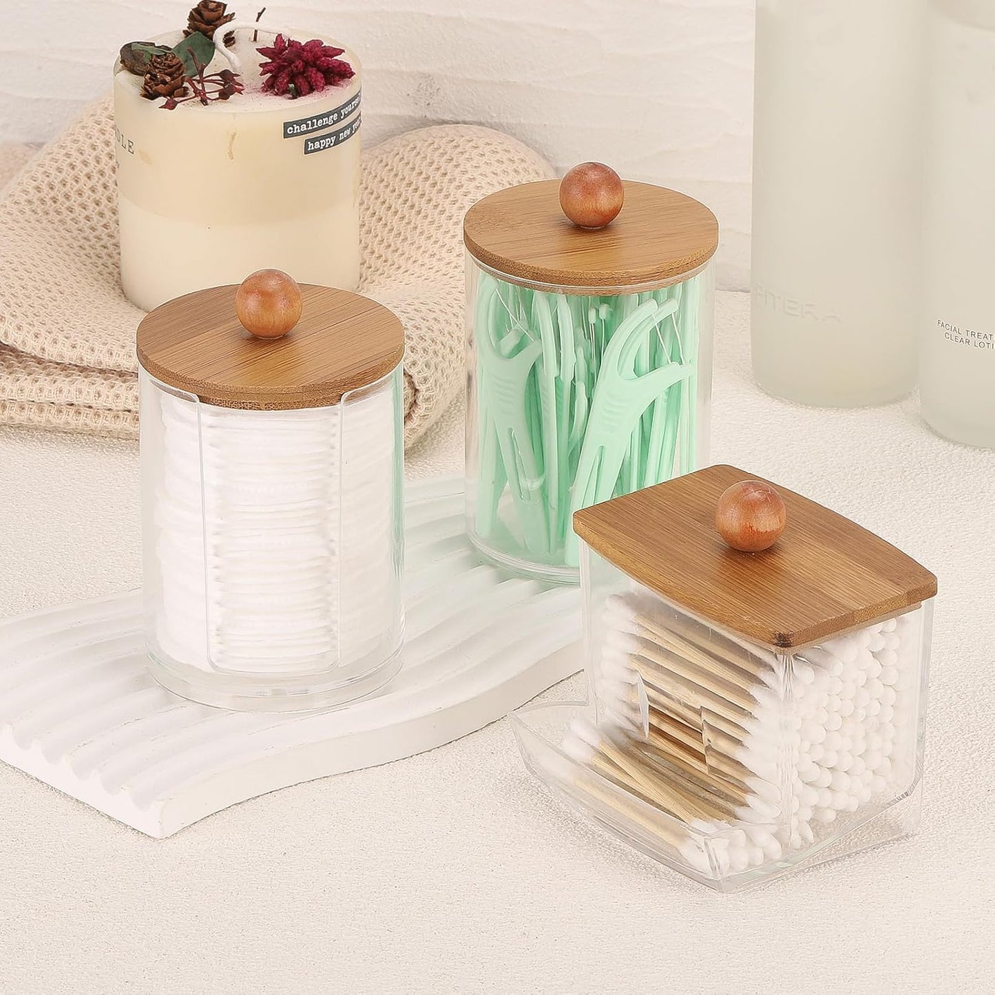 Tbestmax Bathroom Organizer Accessories Set-10 oz,7 oz Qtips Holder Storage with Bamboo Lids, Cotton Ball/Swabs Dispenser, Apothecary Jar 3 Pcs