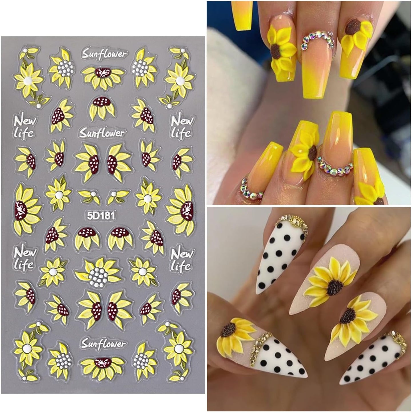 4 Sheets 5D Flower Nail Art Stickers Embossed Nail Decals Autumn Nails Art Design 3D Self-Adhesive Sunflowers Yellow Flower Nails Stickers for Women DIY Decoration