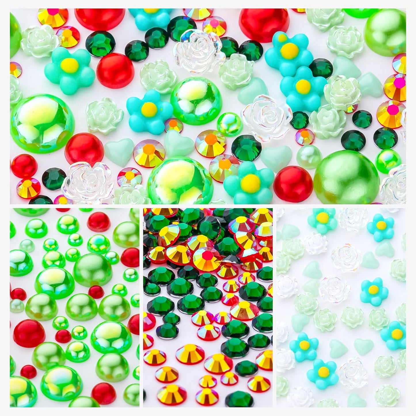 160g Red Green Flat Back Pearls Rhinestones with Gel for Crafts Mixed Size 3mm-10mm AB Color Round Half Pearls Flatback Pearl Beads and Resin Rhinestones Set for Face Art