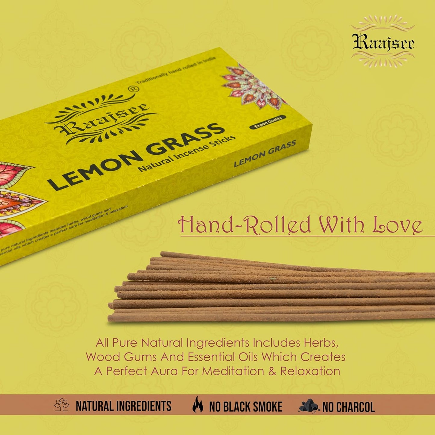 Raajsee Incense Sticks Lemon Grass 100 gm Pack-100% Pure Organic Natural Hand Rolled Free from Chemicals-Perfect for Church, Aromatherapy,Relaxation,Meditation,Positivity & Sensual Therapy