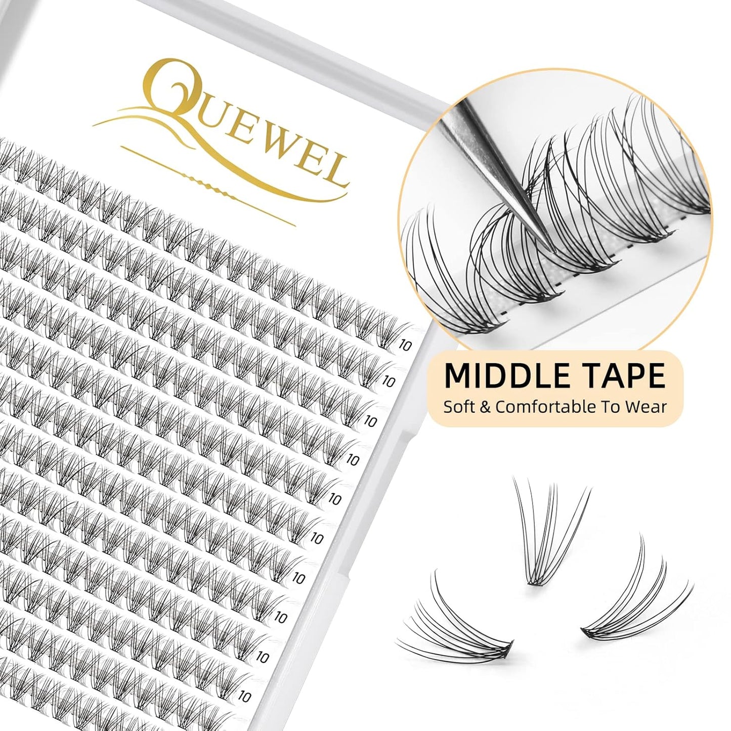 QUEWEL Cluster Lashes 240Pcs Individual Lashes 10D 0.10C Curl 10mm Knot-Free Lash Extensions Clusters Lashes Soft&Natural False Eyelashes Individual DIY Eyelash Extension at Home(10D 0.10C 10)