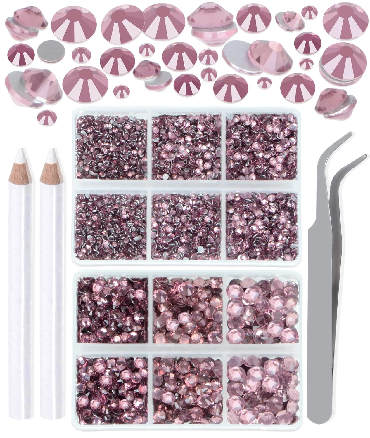 LPBeads 6000 Pieces Lt Amethyst Non Hotfix Rhinestones 6 Sizes Round Crystal Glass Flat Back Rhinestones with Tweezers and Picking Pen for Nail Art Crafts Clothes Bags DIY