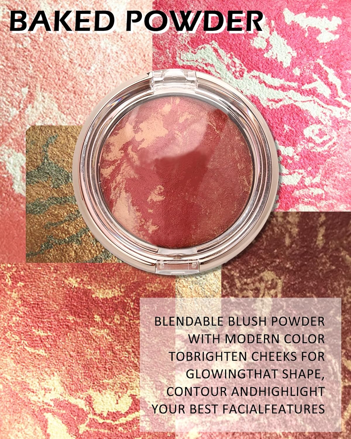 Baked Powder Blush, Glow Marbleized Blusher Powder Palette,Lightweight Shimmery face Blush for Cheeks,Eyeshadow & Highlight,Thanksgiving Makeup Gift for Women rubores de maquillaje(0.49Ounce)-03
