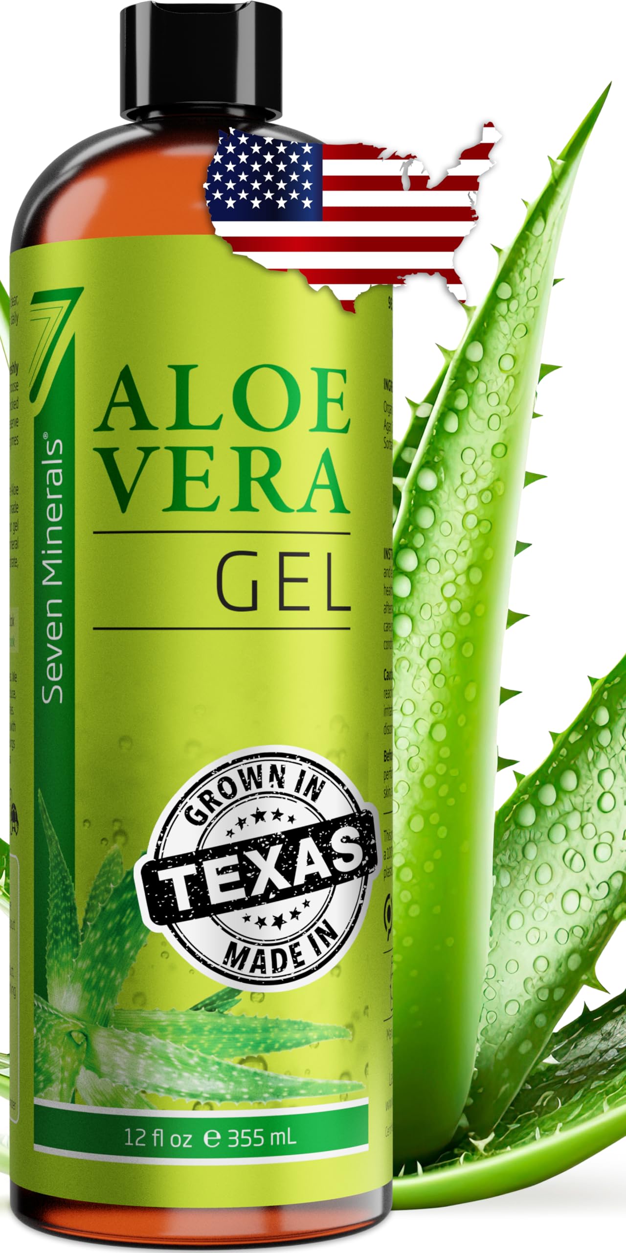 Seven Minerals Aloe Vera Gel with Freshly Cut Pure Organic Aloe - Big 12oz - Texas Grown