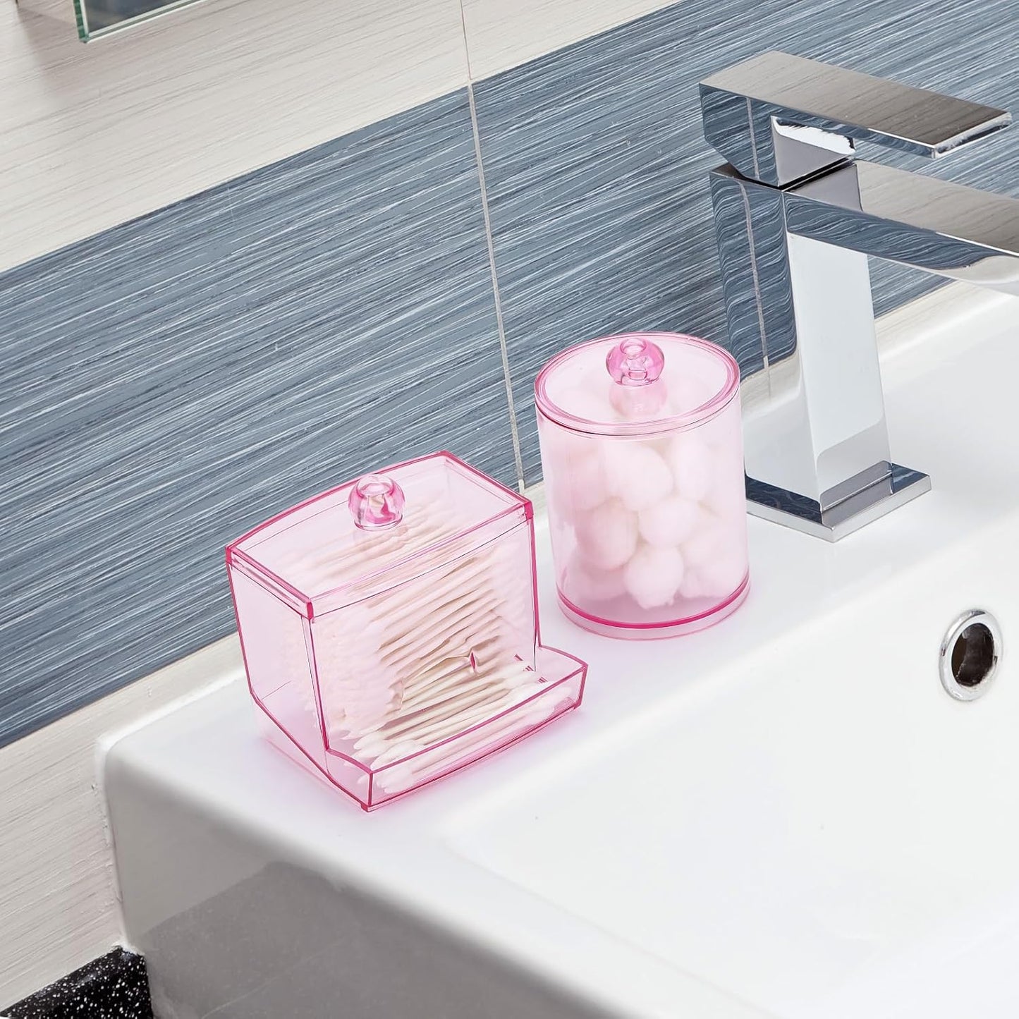 Tbestmax Qtips Dispenser, 10/12 oz Big Cotton Ball Holder Bathroom Container,Plastic Apothecary Jar Organizer for Storage Cotton Swab, Cotton Round Pads, Floss Picks - Pink