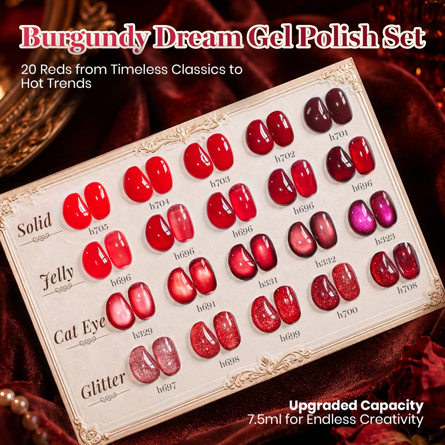 Beetles Red Gel Nail Polish Set, Jelly Glitter Cat Eye Solid Color