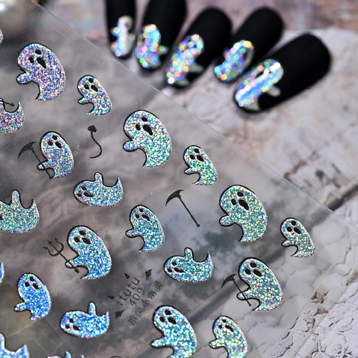 Halloween Nail Stickers for Nail Art Colorful Glitter Silver Cute Ghost Nail Art Stickers 5D Embossed Nail Decals 3D Self-Adhesive Nails Supply Manicure Sliders for Nails Decoration