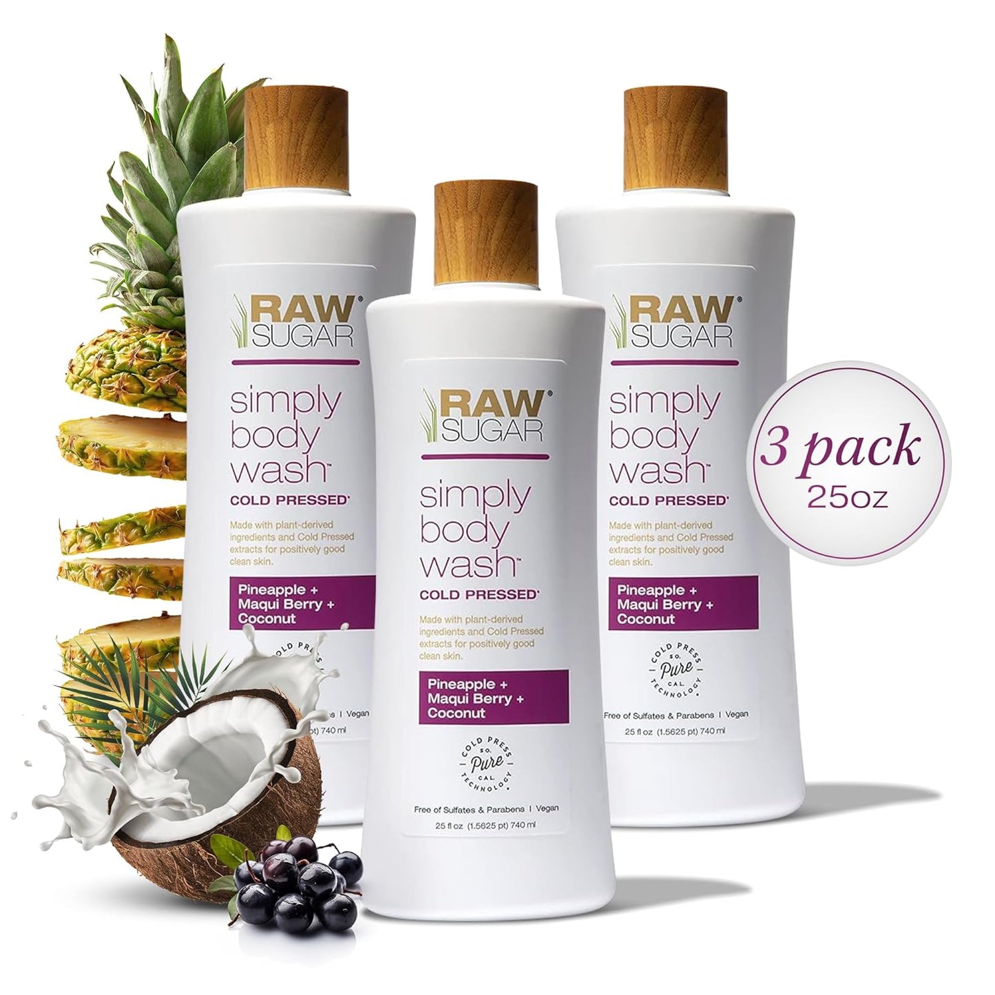 RAW SUGAR Simply Body Wash - Pineapple + Maqui Berry + Coconut, Moisturizing & Brightening Bath & Shower Gel, Sulfate-Free, Paraben-Free & Vegan (Pack of 3)