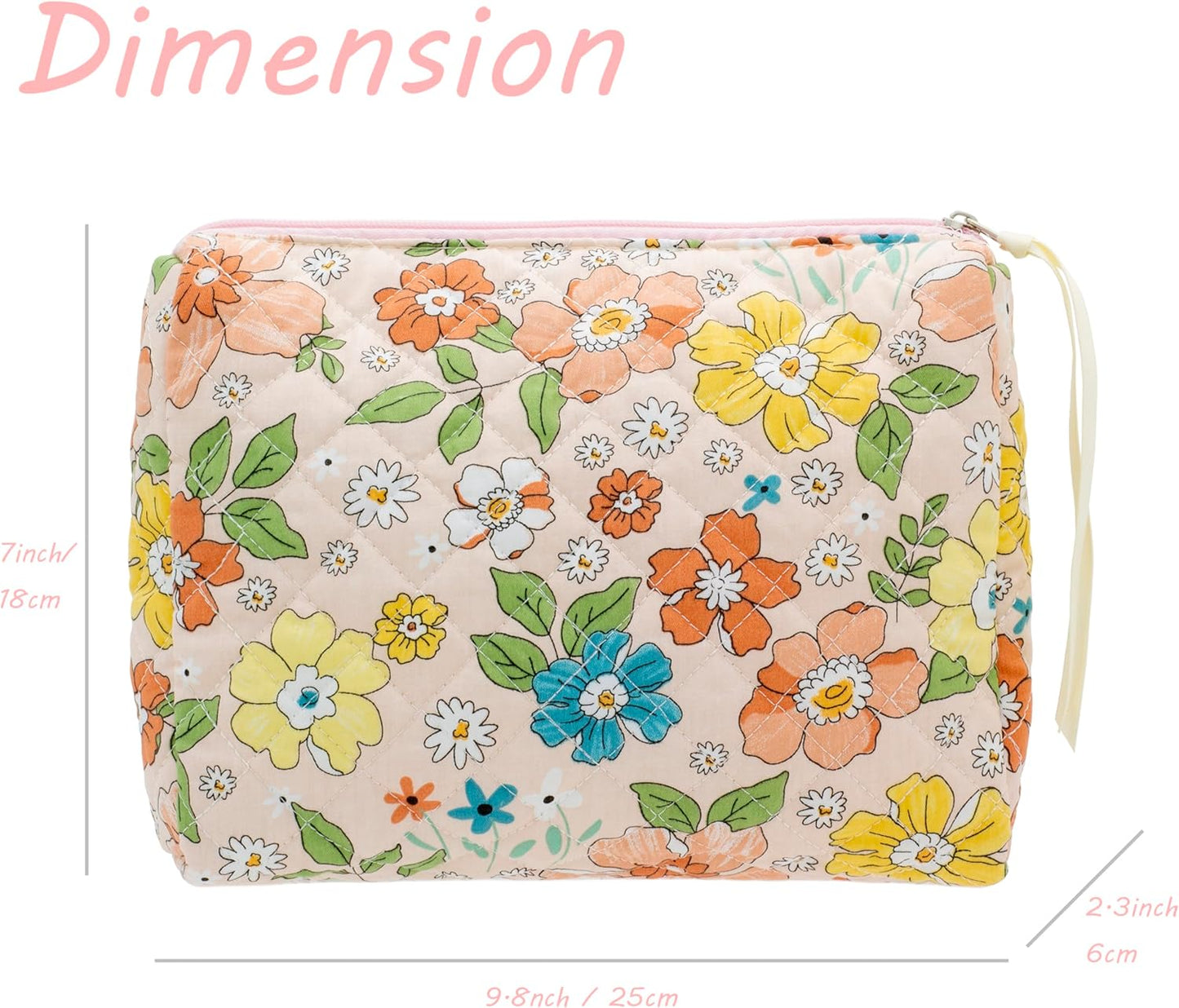 PAZIMIIK Quilted Makeup Bag Large Travel Zipper Soft Cosmetic Pouch for Women Girls Make Up,Floral Orange