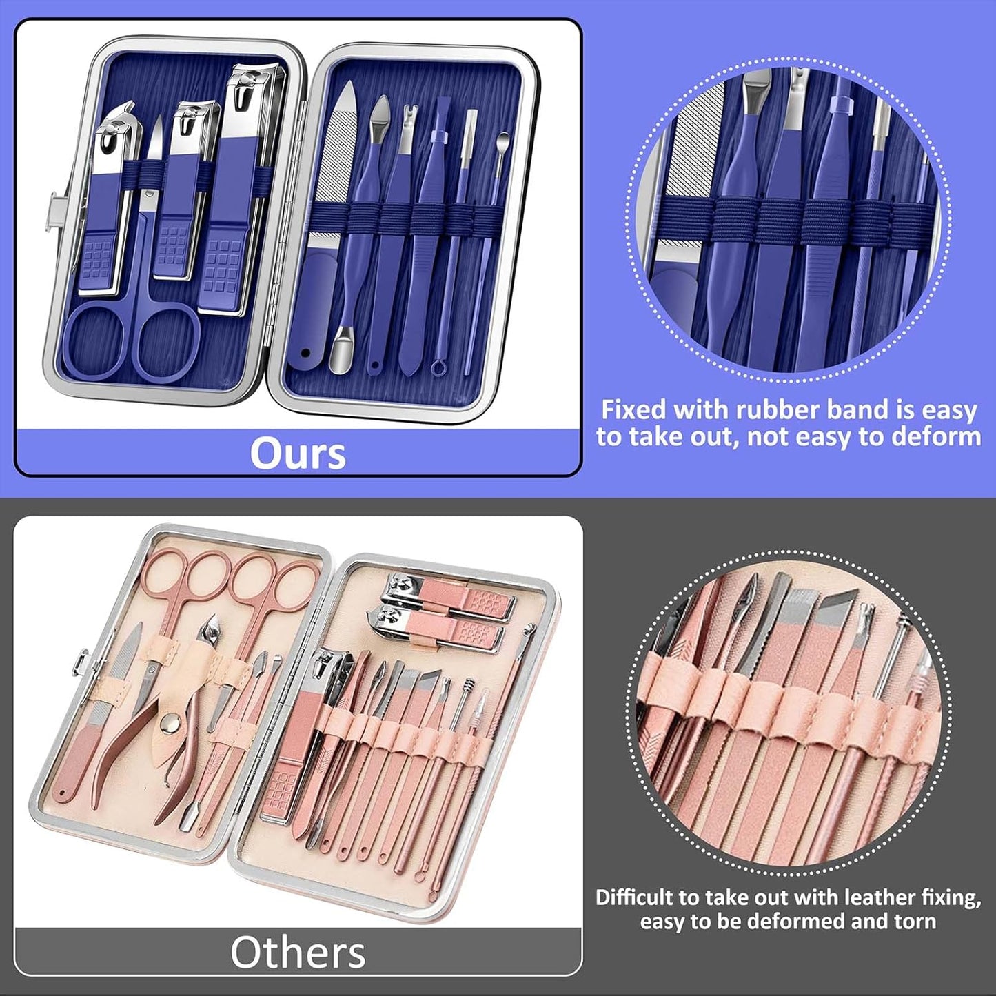 BLESWIN Manicure Set, 10 in 1 Professional Manicure and Pedicure Kit, Nail Care Kit for Women, Mens Nail Grooming Kit, Portable Nail Clipper Set Blue Leather Case for Travel Home