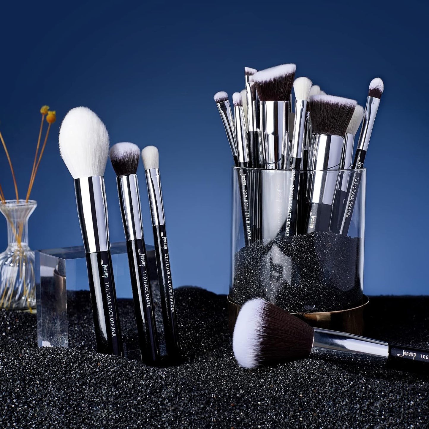 Jessup 25pcs Professional Makeup Brush Set Foundation Powder Concealer Eyeshadow Blending Blush Highlighter Natural-Synthetic Hair Brushes (Black/Silver)