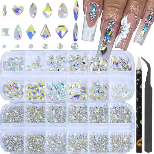 Nail Rhinestones - 3D Multi Shape Size, Flat Back, Manicure Rhinestones Charms, AB Gems, with Kit