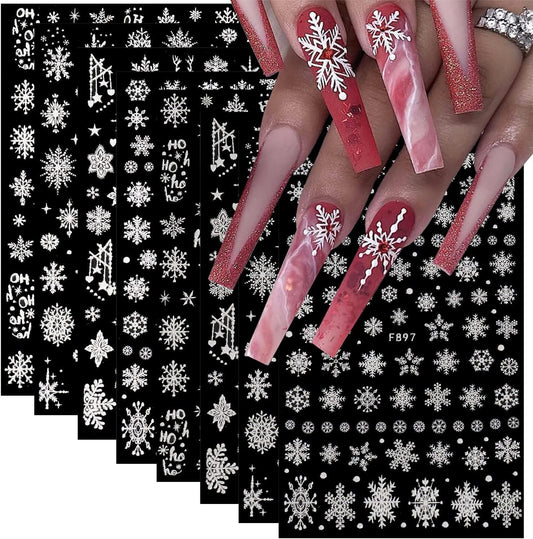 8 Sheets 3D Snowflake Nail Art Stickers Winter Christmas Nail Decals Glitter White Silver Snowflake