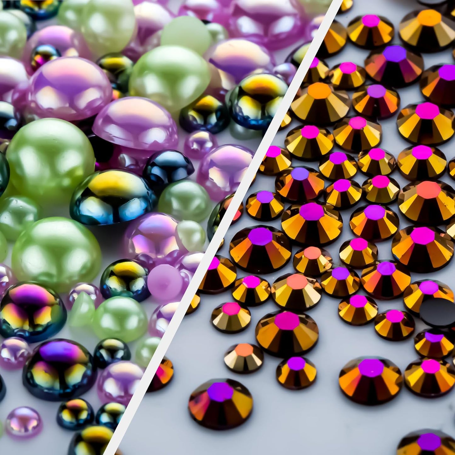 60g Cyan Purple Flat Back Pearls Rhinestones for Crafts Mixed Size 3mm-10mm AB Color Round Half Pearls Flatback Pearl Beads and Resin Rhinestones Set for Face Art with Gel