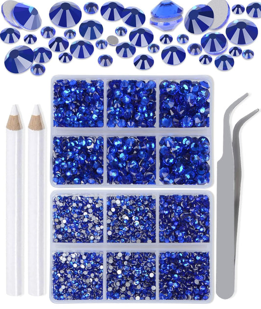 LPBeads 6000 Pieces Sapphire Non Hotfix Rhinestones 6 Sizes Round Crystal Glass Flat Back