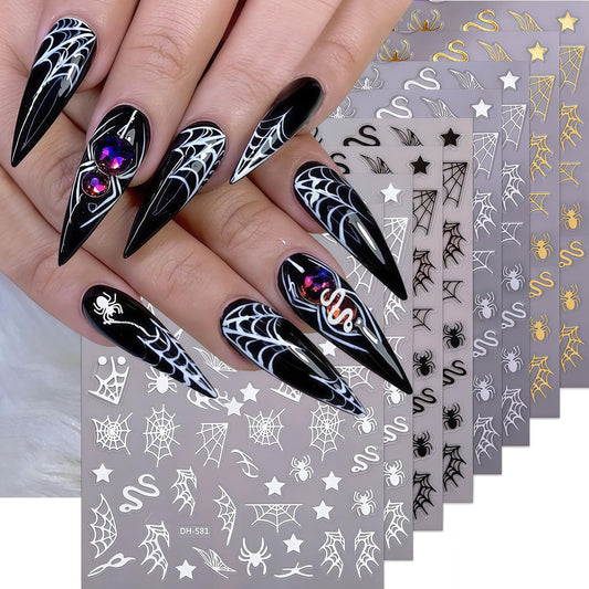 8 Sheets Halloween Nail Art Stickers Spider Web Nail Decals 3D Self-Adhesive Black Silver White