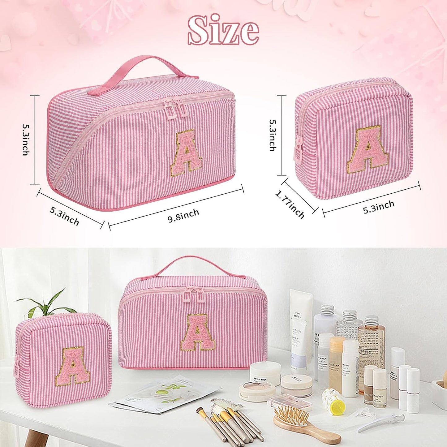 Travel Makeup Bag for Women, 2Pcs Portable Personalized Initial Makeup Organizer Bag, Open Flat Large Cosmetic Bag With Travel Essential Pouch (Pink Letter H)