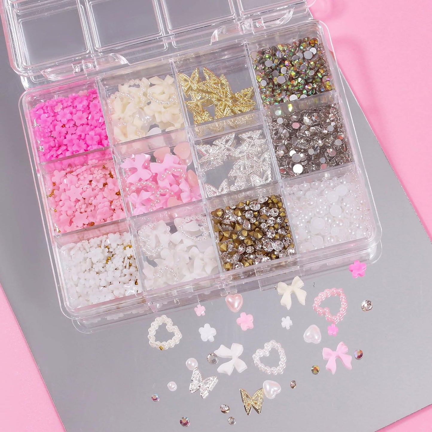 Artdone Nail Art Studs Kit, 12 grids 8 Colors 3D Charms and Pink Mix White Flower Heart Diamond Butterfly Cute Nail Jewels for DIY Decoration with Pickup Tools
