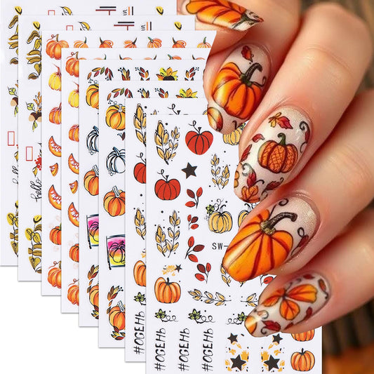 8 Sheets Fall Nail Art Stickers Autumn Maple Leaf Pumpkin Nail Sticker 3D Self-Adhesive Yellow