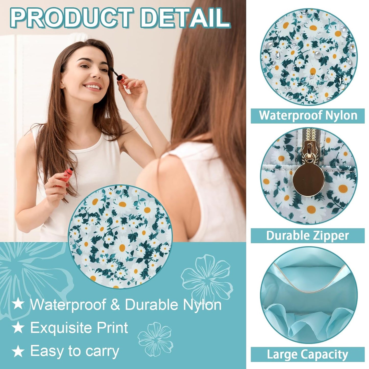 Waterproof Large Floral Makeup Pouch,Nylon Travel Toiletry Storage Purse Preppy Cosmetic Bag for Women Girl,Large Capacity Makeup Organizer Zipper Pouch for Work(L Green-Daisy)